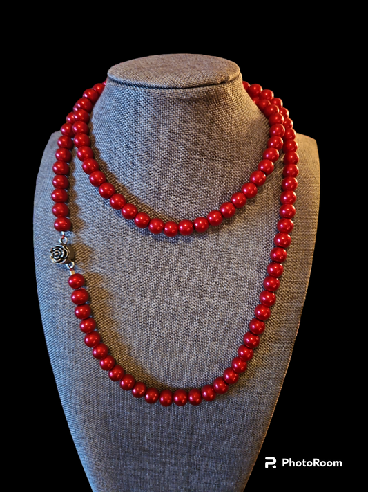 32-inch 6mm red glass pearl necklace